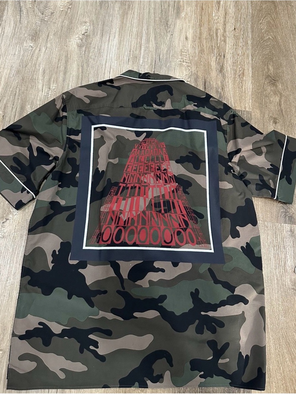 Valentino Camo Button-Down Shirt with Red Graphic Back
